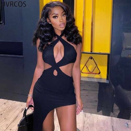 UVRCOS Gothic Clothes Summer Hot Selling 2021 Fashion New Arrival Women Clothing Sexy Halter Hollow Out Irregular Backless Dress