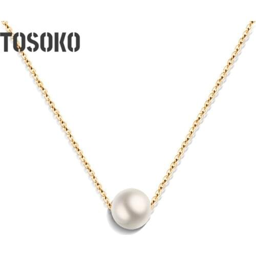 TOSOKO New Simple Rose Gold Fashion Pearl Necklace Female Short Clavicle Necklace For Women Stainless Steel Jewelry BSP126