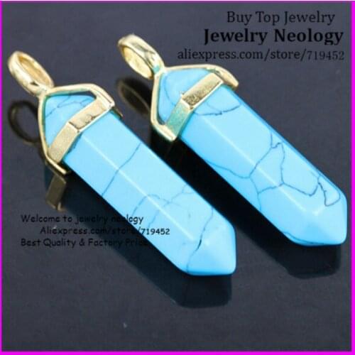 10pcs/lot Natural Gems Stones Hexagonal Point Reiki Chakra Necklaces Earrings Pendant Beads Jewelry Blue Turquose Stone Stone