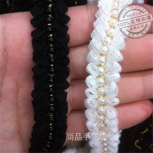 10Yards White Cotton Beaded Lace Trim Ruffle Lace Skirt Cuff Doll Diy Handmade Wedding Dress Decoration Lace Fabric Black