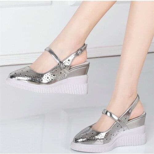 2021 Platform Oxfords Shoes Women Genuine Leather Wedges High Heel Pumps Shoes Female Pointed Toe Summer Mary Janes Casual Shoes