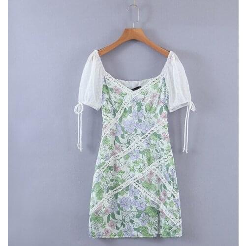 2021 Women Spring Dress Za Fashion Lace Color Trim Block Slim Printed Dress Waist Slim Mini Dress Sweet Mujer Vestidos