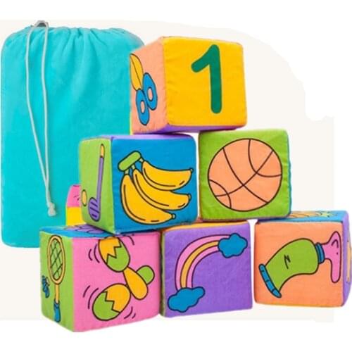 6pcs/bag Baby Mobile Plush Cube Baby Toys Plush Building Blocks Rattles Early Learning Newborn Baby Educational Toys 0-12 Months