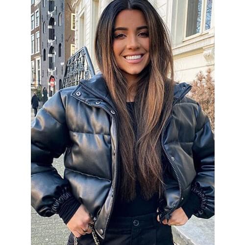 Ailegogo Winter Thick Warm Short Parkas Women Fashion Black PU Leather Coats Ladies Elegant Zipper Cotton Jackets Female Ouwear