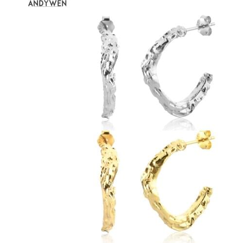 ANDYWEN New 925 Sterling Silver Gold Irregular Geometric Hoops Piercing Round Hoop Pendiente Clips Rock Punk Thick Jewelry