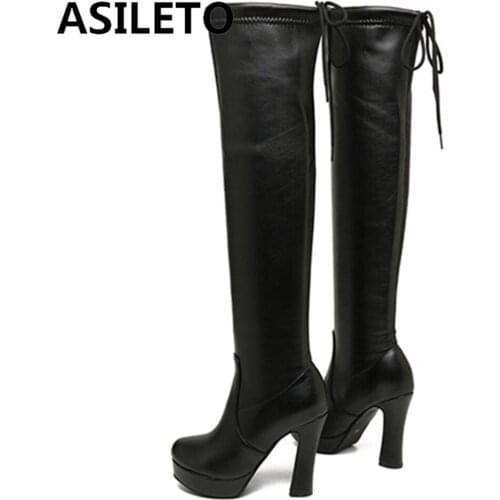 ASILETO 2021 New Sexy Platform Over Knee High Bootie Stretchy Lace Up Round toe 10cm High Heel Autumn Winter Big Size 43 2432
