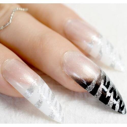 Long Stiletto Nail Tips White Black Zebra Pattern French False Nails with Silver Glitter Sharp Fake Nail Arts For Salon Party