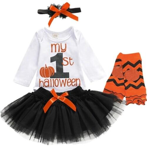 Emmababy Newborn Infant Baby Girl Halloween Pumpkin Romper Tulle Skirt Dresss Outfit 4PCS
