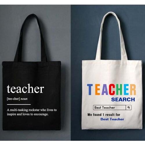 Teacher Print Canvas Black Shopping Tote Reusable Shoulder Bags Teacher Life Book Bag Handbag Back To School Season Best Gifts