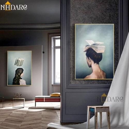 Surrealist Girls and Books Design Canvas Painting Modern Posters And Prints Art Wall Pictures For Living Room Home Decor