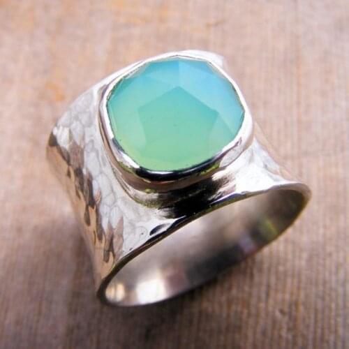 Wide Silver color Aqua Chalcedony Gemstone Chunky Ring Band, Ocean Beach Sea Ring, Turquoise, Aquamarine, Cocktail Ring