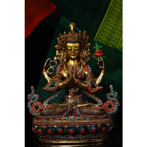 9"Tibet Temple Collection Old Bronze mosaic Gem Dzi Bead outline in gold Four-armed Guanyin Bodhisattva Buddha Ornaments
