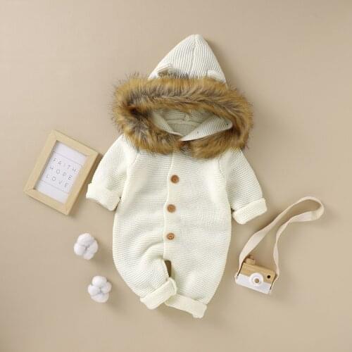 Fashion Solid Knitted Baby Rompers Newborn Bebes Sweaters Jumpsuits Playsuits Long Sleeve Hooded Toddler Infant Overalls Clothes