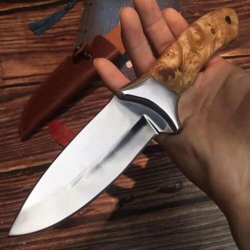 Stainless Steel Blade Shadow Wood Handle Straight Knife Hunting Tactical Outdoor Tool Knives for Outdoor Survival Leather Sheath