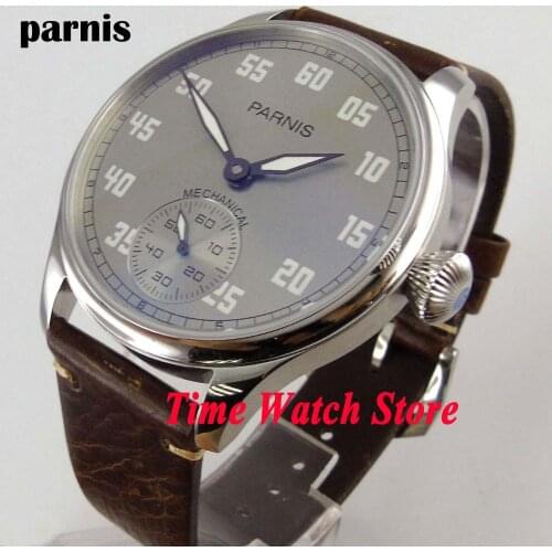 Vintage 44mm Parnis grey dial luminous 17 jewels mechanical 6498 hand winding movement mens watch 804