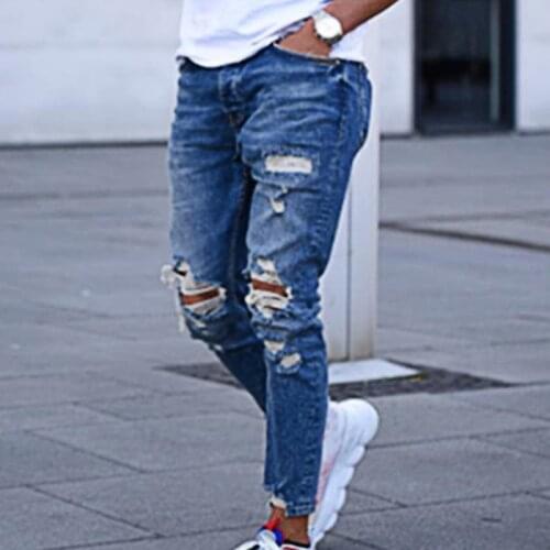 Mens Jeans Fashion Ripped Hole Denim Pants Big Size Men Distressed Pants Casual Solid Color Long Trousers Men Jeans Pants#3