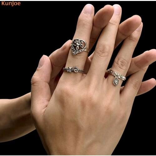KunJoe Antique Silver Color Vintage Bohemia Rings Set for Women Men Punk Carved Ring Fashion Jewelry Accessories Knuckle Anillos