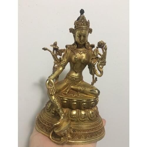 Wholesale Price Green Tara Old Tibet Buddhism Bronze 18k gold Gild Buddha Statue 21cm