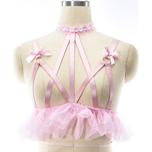 Original Design Pink Collar Lace Bow Body Harness Bra Kawaii Open Chest Bondage Body Cage Pastel Gothic Body Harness Belt