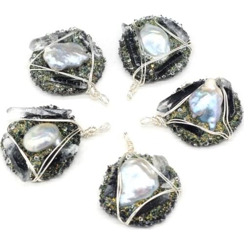 Natural Freshwater Pearl Pendant Charms Round Wrapped Pearl Beads Pendant for Making Women DIY Necklace Gift Size 40x50mm