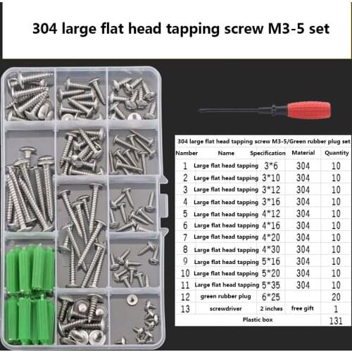 DIY Box Phillips Head Screws6-35mm,Green Rubber Plug,Screwdriver,304Stainless steel Large Flat Head Self-Tapping M3-5 Set 131pcs