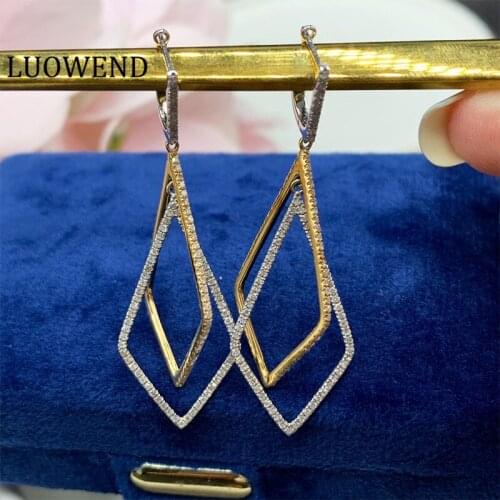 LUOWEND 100% 18K Solid White Gold Women Drop Earrings Natural Diamond Earring Fashion Rhombic Shape Luxury Lady Jewelry