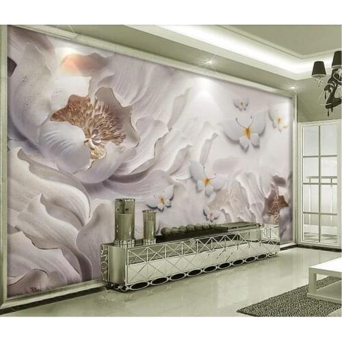 Embossed Peony Flower Butterfly Wall Mural Wallpaper Painting 3D Wall Paper Rolls Art Wall Decor Photo Floral Wallpapers Custom