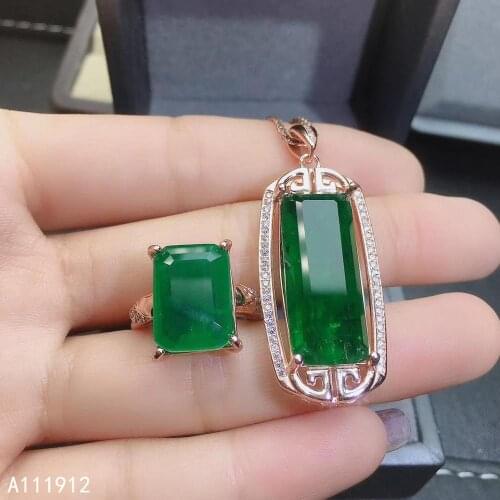 KJJEAXCMY fine jewelry natural Emerald 925 sterling silver women pendant necklace chain ring set support test lovely