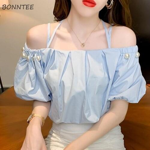 Blouse Women Summer Feminine Elegant Slash Collar White Short Puff Sleeve Pearl Beading Spaghetti Strap Baggy Party Ulzzang