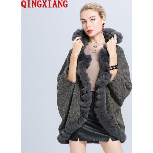 2020 Women Dark Grey Big Pendulum Tufted Fur Streetcoat Cloak Winter Faux Fox Fur Cardigan Cape Granular Velvet Poncho With Hat