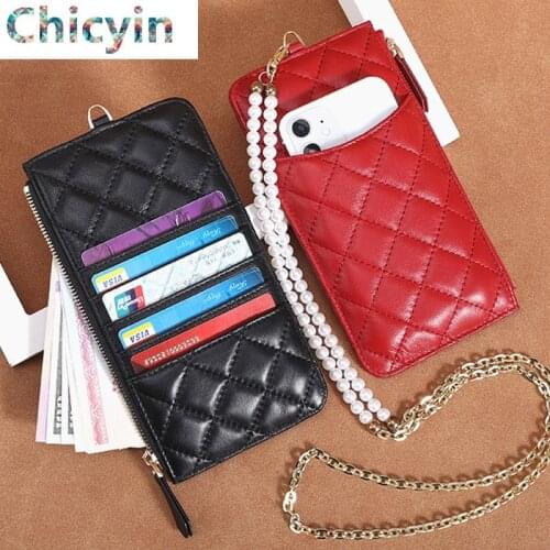 Pearl Strap Woman Phone Bag Cow Leather Crossbody Bag Lady Clutch Bag Trend Women Handbag Messenger Bag Leisure Bag Card Bag