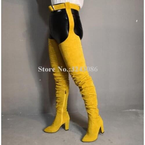 Yellow Suede Chunky Heel Wasit Pants Long Boots Woman Fashion Pointed Toe Conjoined Belt Thigh High Boots Lady Over Knee Boots