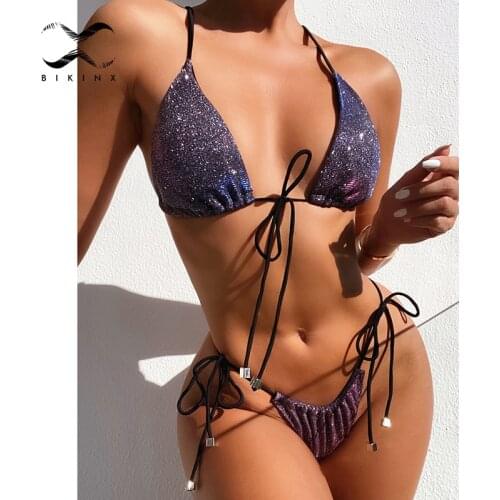 Shiny micro bikini set String low waist women swimsuit Halter backless swimwear Sexy triangle bathing suit Solid beach wear New