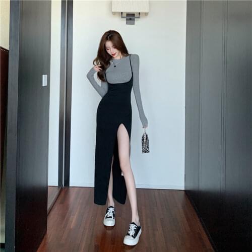 O Neck Long Sleeve Grey Knitted Top Autumn Fashion Suits Sexy Bodycon Split Black Dress Women Suspender All-match Plus Size