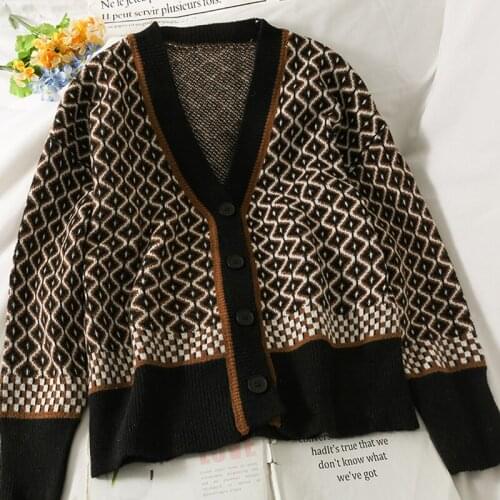 OUMENGKA V Neck Women Button Black Argyle Cardigan 2021 Long Sleeve Sweater Autumn Winter Knitted Loose Oversized Jumper Casual