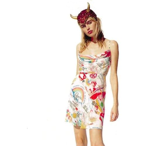 Strap Dress Women Summer 2021 European American Fashion Style Cute Colorful Rainbow Print V Neck A Line Backless Sun Dress D285