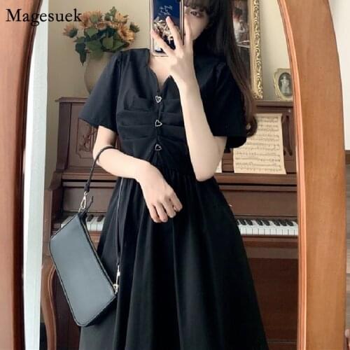 Summer New Slim Black Dress Women Robes V-Collar French Hepburn Loose Long Dress Women Elegant Sweet Short Sleeve Dresses 15696