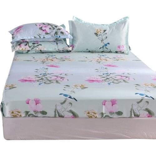 Flowers Birds Printed Fitted Sheet 1pc Satin Ice Silk Bed Sheet Mattress Protector Cover Adult Kids Single Double Queen Size