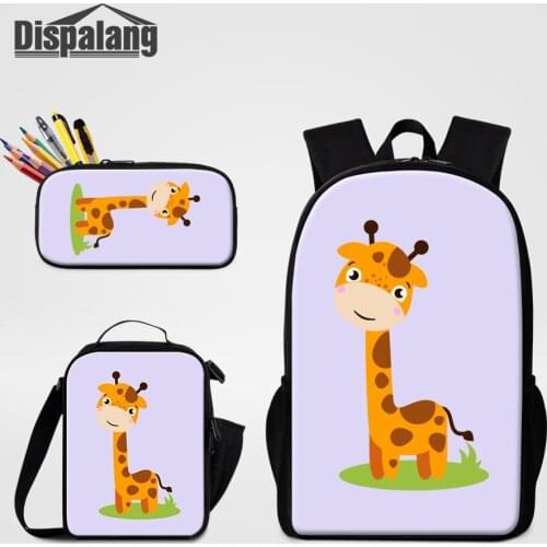 Cartoon Giraffe Bear Tiger Unicorn Animals Printing Backpack Pencil Case Lunchbox 3 PCS Set For Student Boy Girl School Bookbags