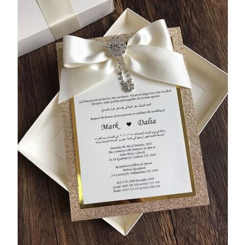 50pcs Boxed Wedding Invitations Modern Calligraphy Invitation for Wedding Gold Glitter Invites with Ribbon