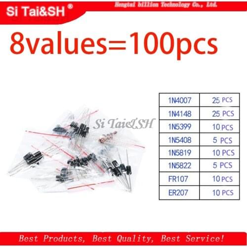 8values=100pcs 1N5399 1N5408 1N4148 1N4007 1N5819 1N5822 FR107 FR207 Switching Diode component diy kit original