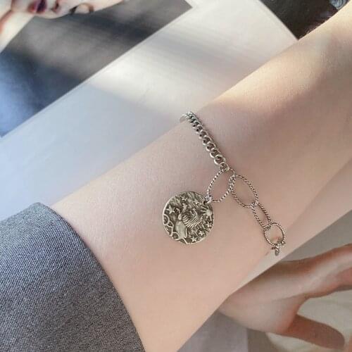 925 Sterling Silver Womens Bracelet Retro Lion Coin Bracelet Hip Hop Punk Style Leo Gift Fashion Bracelet Womens Jewelry