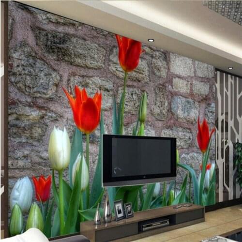 Beibehang Large custom wallpaper wall murals nostalgia tulip brick wall background TV background wall photo wallpaper