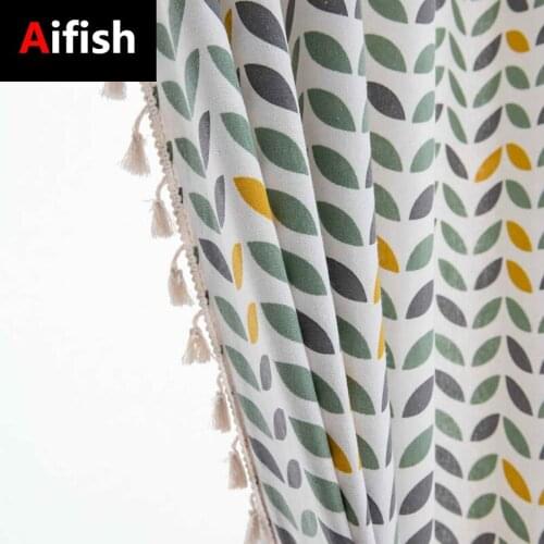 Green Leaf Design Curtain Black Tassel For Living Room Semi Blackout Blinds Bedroom Bay Window Bohemian Curtains Buckle/Tube 5