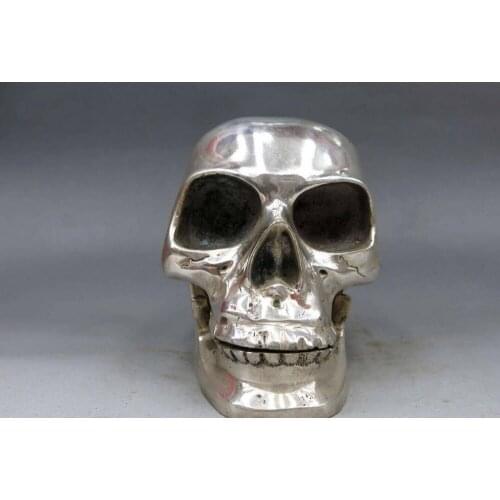 CHINA SILVER FINE CARVED SKULL HEAD HUMAN SKELETON STATUE SCULPTURE