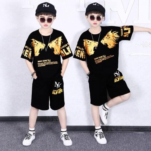 2 Pieces Big Boys Summer Clothing Set Cotton Short Sleeves T shirt Shorts Black Hip-hop Dancing Outfits For 6 8 10 12 14 Years