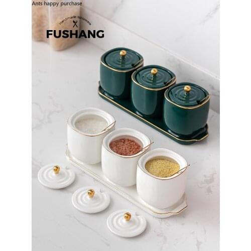 Creative Gilded Frame Ceramic Seasoning Jar MSG Salt Pepper Material Storage Box Household Kitchen Utensils Porcelain Pure