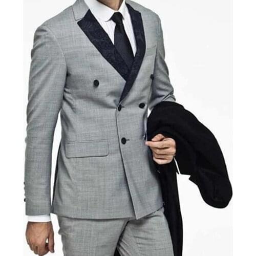 Fashion Double Breasted Slim Fit Light Grey Men Suits With Pants Wedding Groom Tuxedo Costume Homme Mariage Best Man 2 Piece