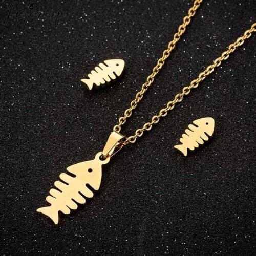 Jisensp Trendy Fish Bone Stainless Steel Jewelry Sets Unique Animal Fish Thorn Pendant Necklace Earrings for Women Party Gift