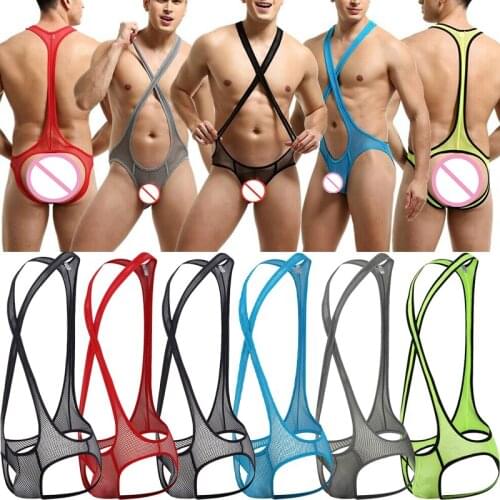 Mens Sexy Bodysuit Jockstrap Fishnet Leotard Bodywear Wrestling Singlet Leotard Soft Jumpsuits Suspender Sexy Teddies Underwear